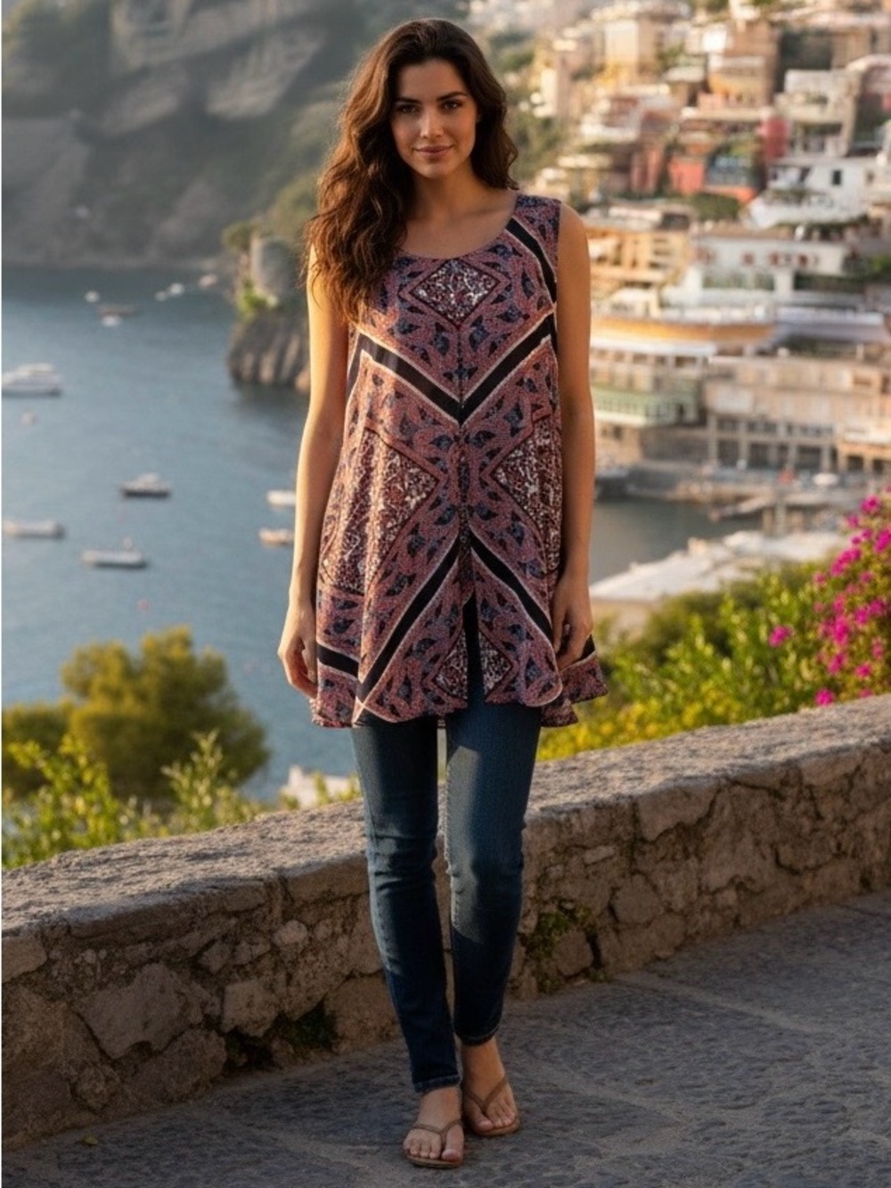 Westport 1962 Womens Large Paisley Sleeveless Layered Split Front Tunic Top L